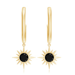 Natural Black Spinel Sunburst Drop Hoop Earrings