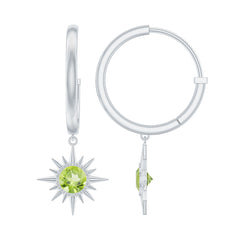Round Shape 1 Carat Peridot Sunburst Hoop Drop Earrings For Women