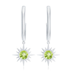 Round Shape 1 Carat Peridot Sunburst Hoop Drop Earrings For Women