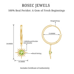 Round Shape 1 Carat Peridot Sunburst Hoop Drop Earrings For Women