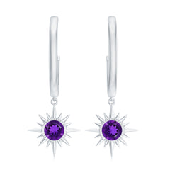 Natural Amethyst Sunburst Hoop Drop Earrings with Certificate