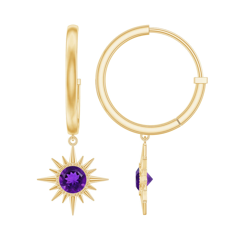 Natural Amethyst Sunburst Hoop Drop Earrings with Certificate
