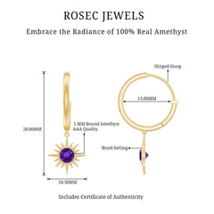 Natural Amethyst Sunburst Hoop Drop Earrings with Certificate