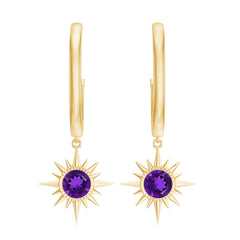 Natural Amethyst Sunburst Hoop Drop Earrings with Certificate