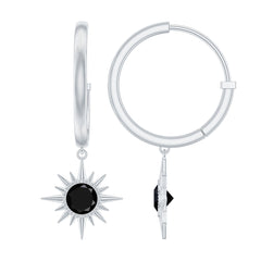 Natural Black Onyx Sunburst Hoop Drop Earrings
