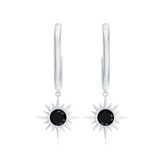 Natural Black Onyx Sunburst Hoop Drop Earrings