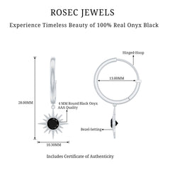 Natural Black Onyx Sunburst Hoop Drop Earrings
