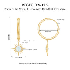 Natural 0.7 Carat Moonstone Sunburst Drop Earrings with Hinged Hoop