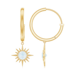 Natural 0.7 Carat Moonstone Sunburst Drop Earrings with Hinged Hoop