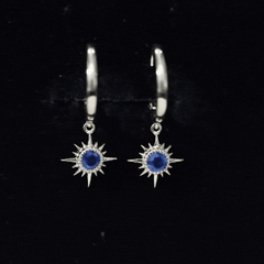 Bezel Set Blue Sapphire Sunburst Drop Hoop Earrings