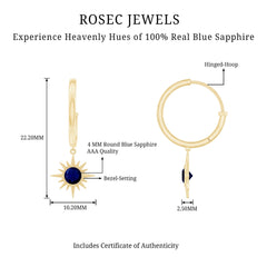 Bezel Set Blue Sapphire Sunburst Drop Hoop Earrings