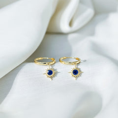 Bezel Set Blue Sapphire Sunburst Drop Hoop Earrings