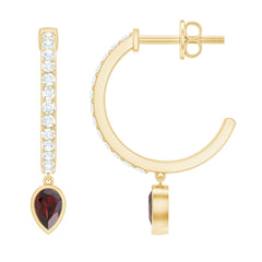 Genuine Garnet Teardrop Hoop Earrings with Diamonds