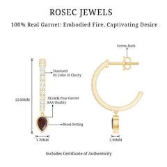 Genuine Garnet Teardrop Hoop Earrings with Diamonds