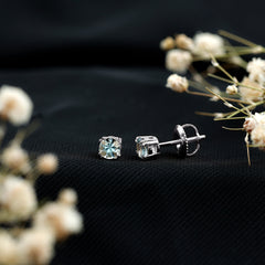 4MM Genuine Aquamarine Solitaire Stud Earrings in Double Claw Prong Setting
