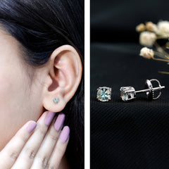 4MM Genuine Aquamarine Solitaire Stud Earrings in Double Claw Prong Setting