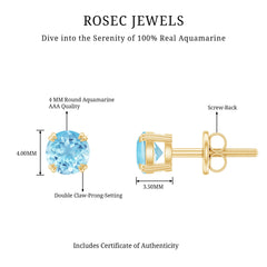 4MM Genuine Aquamarine Solitaire Stud Earrings in Double Claw Prong Setting