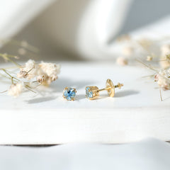 4MM Genuine Aquamarine Solitaire Stud Earrings in Double Claw Prong Setting