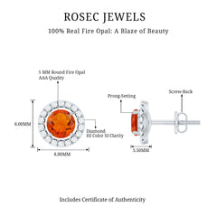 Natural Orange Fire Opal Stud Earrings With Diamonds