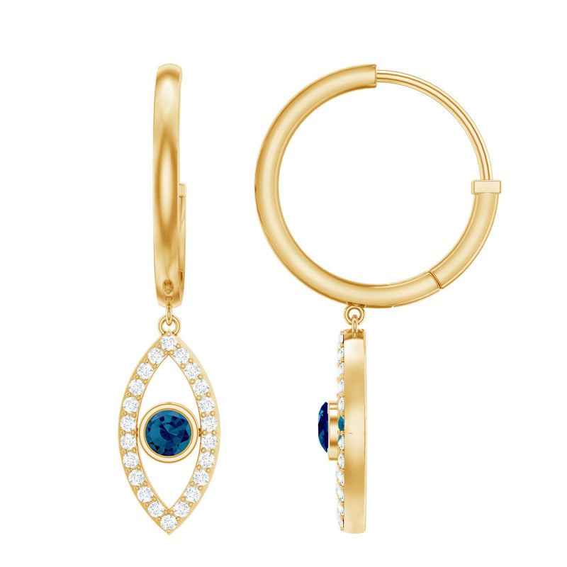 Real London Blue Topaz and Diamond Evil Eye Hoop Earrings
