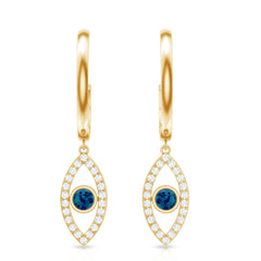 Real London Blue Topaz and Diamond Evil Eye Hoop Earrings