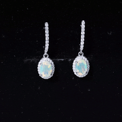 Natural Ethiopian Opal Hoop Drop Earrings with Moissanite