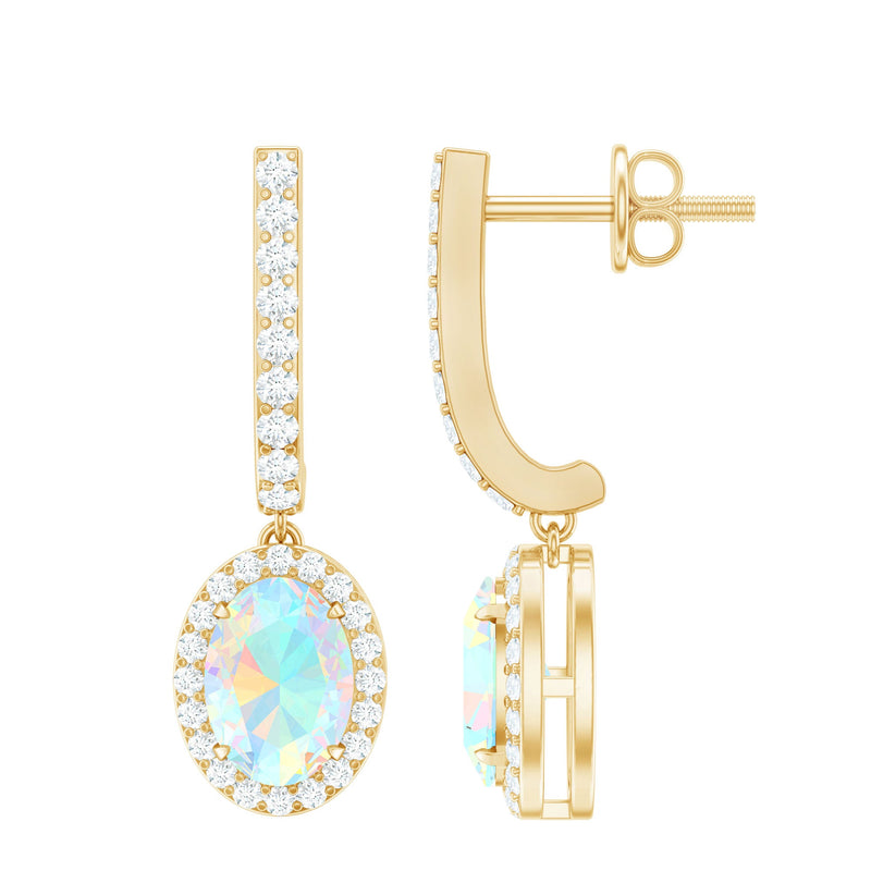 Natural Ethiopian Opal Hoop Drop Earrings with Moissanite