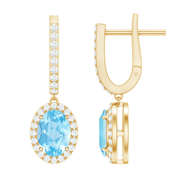 Natural 6X8mm Oval Aquamarine Drop Earrings with Diamond Halo