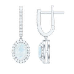 Genuine 1.2 Carat Oval Moonstone Drop Hoop Earrings with Diamond