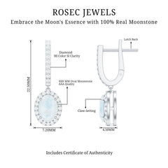 Genuine 1.2 Carat Oval Moonstone Drop Hoop Earrings with Diamond