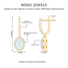 Genuine 1.2 Carat Oval Moonstone Drop Hoop Earrings with Diamond