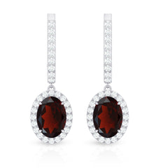 Oval Garnet and Diamond Hoop Drop Earrings with Latch Back