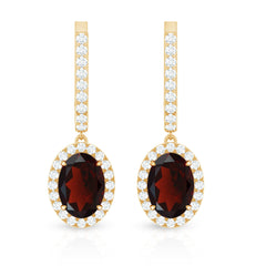 Oval Garnet and Diamond Hoop Drop Earrings with Latch Back