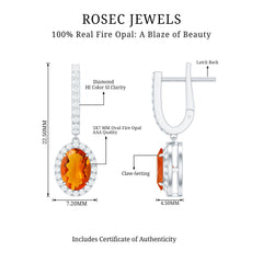 Natural 5X7mm Oval Fire Opal Diamond Drop Earrings with Latch Back