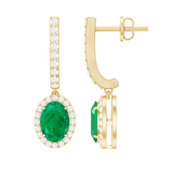 Oval Shape Emerald Hoop Drop Earrings with Diamond Halo