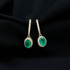 Oval Shape Emerald Hoop Drop Earrings with Diamond Halo