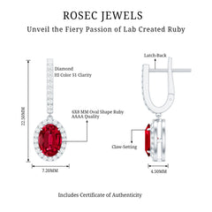 3 Carat Oval Lab Created Ruby Bridal Hoop Earrings with Diamond Halo
