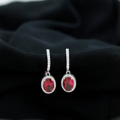 3 Carat Oval Lab Created Ruby Bridal Hoop Earrings with Diamond Halo