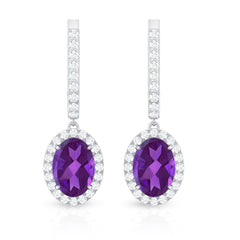 Natural Oval Amethyst Hoop Drop Earrings with Diamond Halo