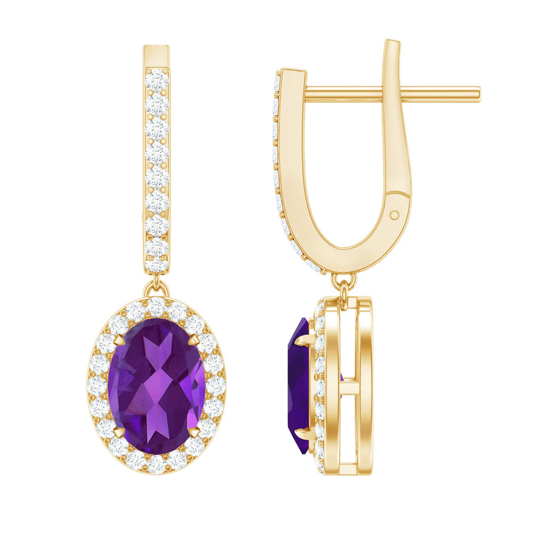 Natural Oval Amethyst Hoop Drop Earrings with Diamond Halo