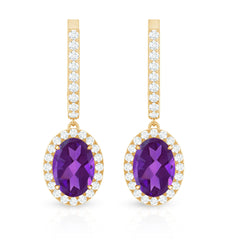 Natural Oval Amethyst Hoop Drop Earrings with Diamond Halo