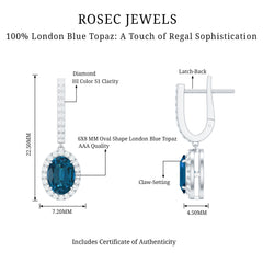 2.2 Carat Oval London Blue Topaz and Diamond Hoop Drop Earrings