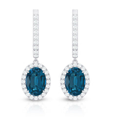 2.2 Carat Oval London Blue Topaz and Diamond Hoop Drop Earrings