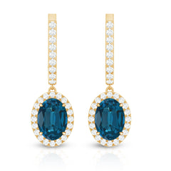2.2 Carat Oval London Blue Topaz and Diamond Hoop Drop Earrings