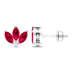 Lab Created Ruby Lotus Stud Earrings with Diamond