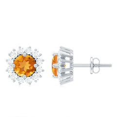 Genuine Citrine Diamond Earrings with Screw Back