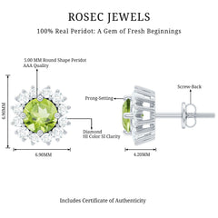 Natural 1 Carat Peridot Earrings with Diamond Halo for Women
