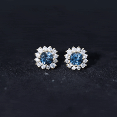 Real London Blue Topaz and Diamond Halo Stud Earrings