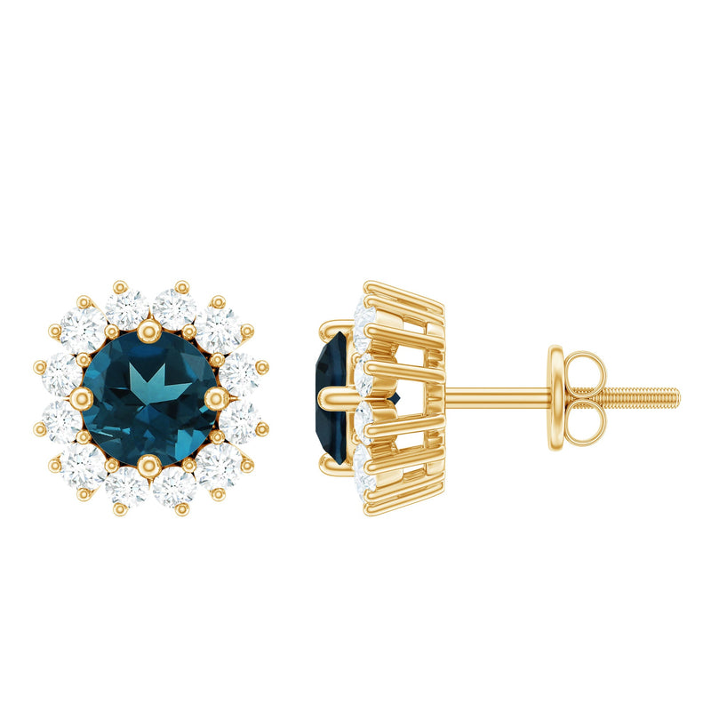Real London Blue Topaz and Diamond Halo Stud Earrings