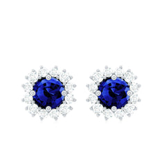 Brilliant Cut Lab Created Blue Sapphire Stud Earrings with Diamond Halo
